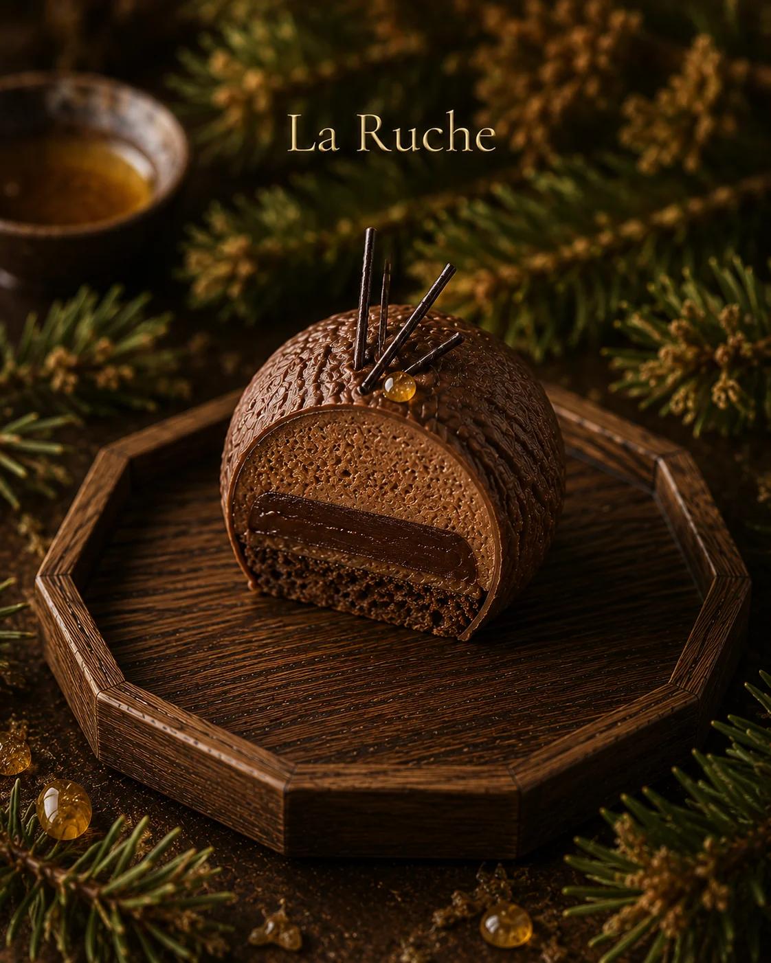 Cross-section of La Ruche — bark-textured milk-chocolate sphere with pine honeydew mousse and porcini ganache.