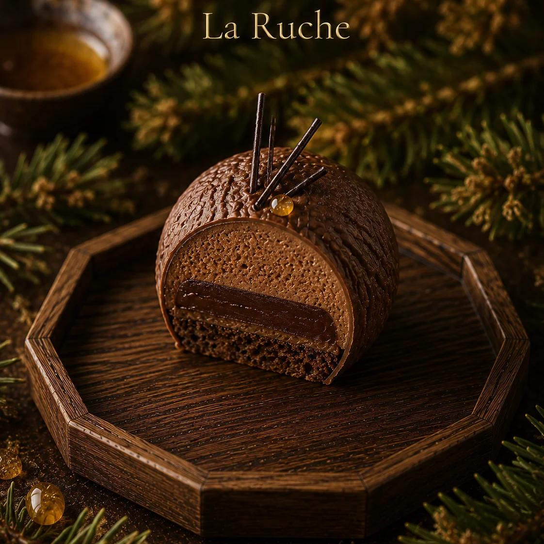 Cross-section of La Ruche — bark-textured milk-chocolate sphere with pine honeydew mousse and porcini ganache.