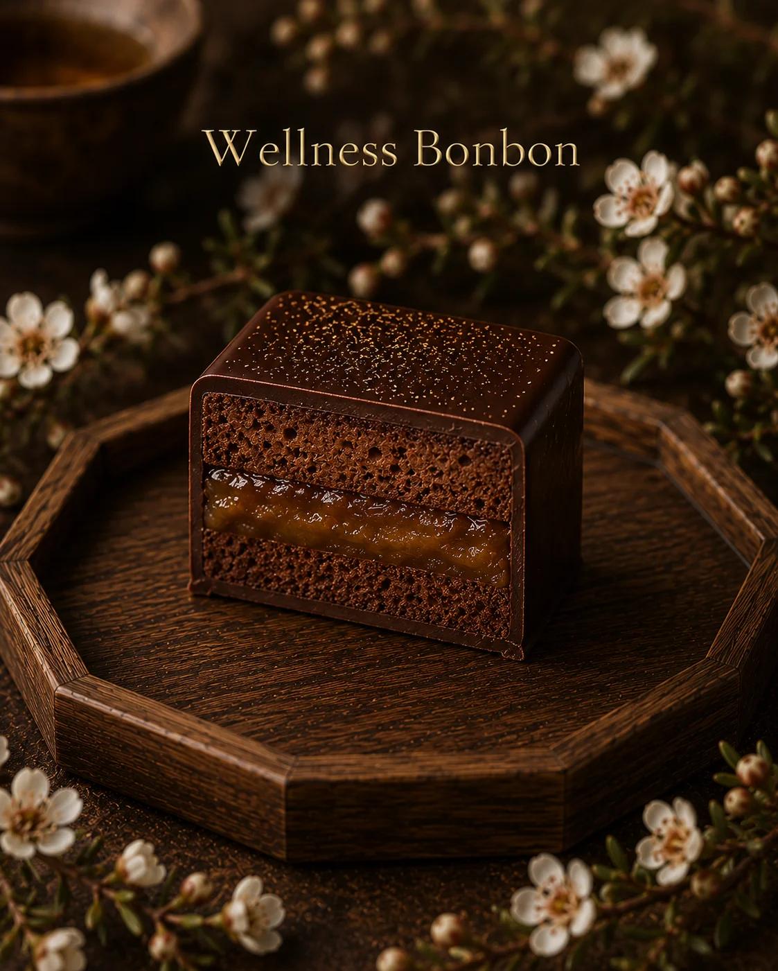 Cross-section of Wellness Bonbon — Madagascar 70% chocolate shell with manuka MGO 400+ ganache and fermented kefir note.