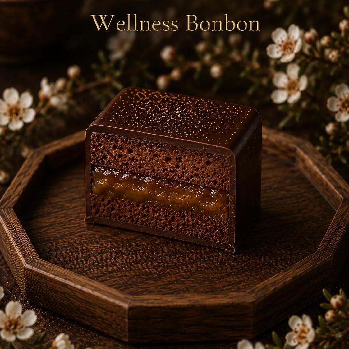 Cross-section of Wellness Bonbon — Madagascar 70% chocolate shell with manuka MGO 400+ ganache and fermented kefir note.