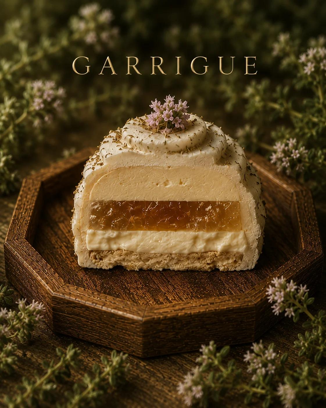Cross-section of Garrigue · one bite — French meringue sandwich on thyme honey with sheep-yogurt crémeux and quince.