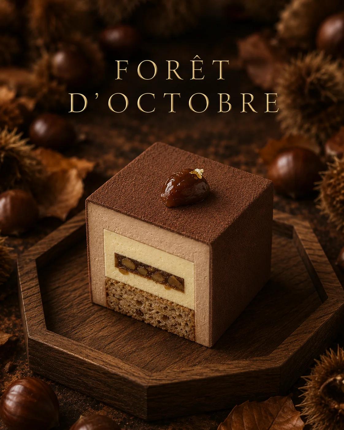 Cross-section of Forêt d’Octobre — wet-bark velvet entremet with Opalys mousse and marron-confit insert.
