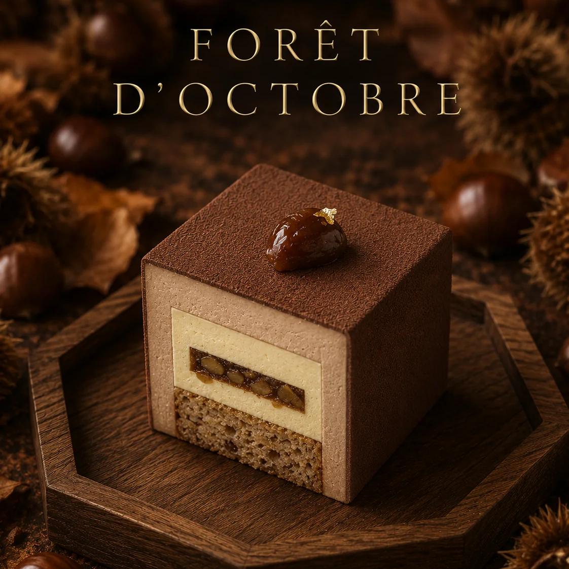 Cross-section of Forêt d’Octobre — wet-bark velvet entremet with Opalys mousse and marron-confit insert.