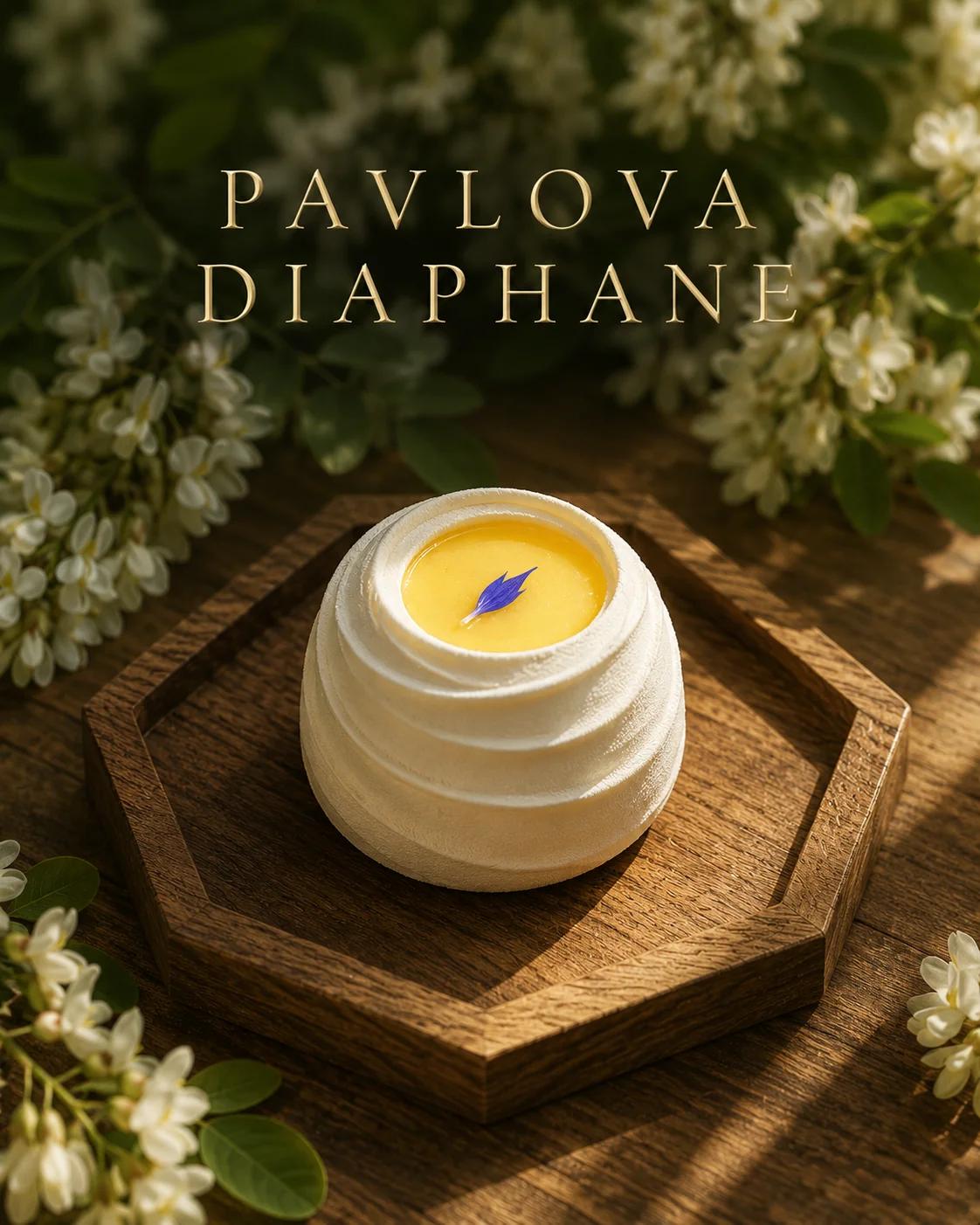 Cross-section of Pavlova Diaphane — translucent French meringue nest on acacia honey with mascarpone and yuzu.