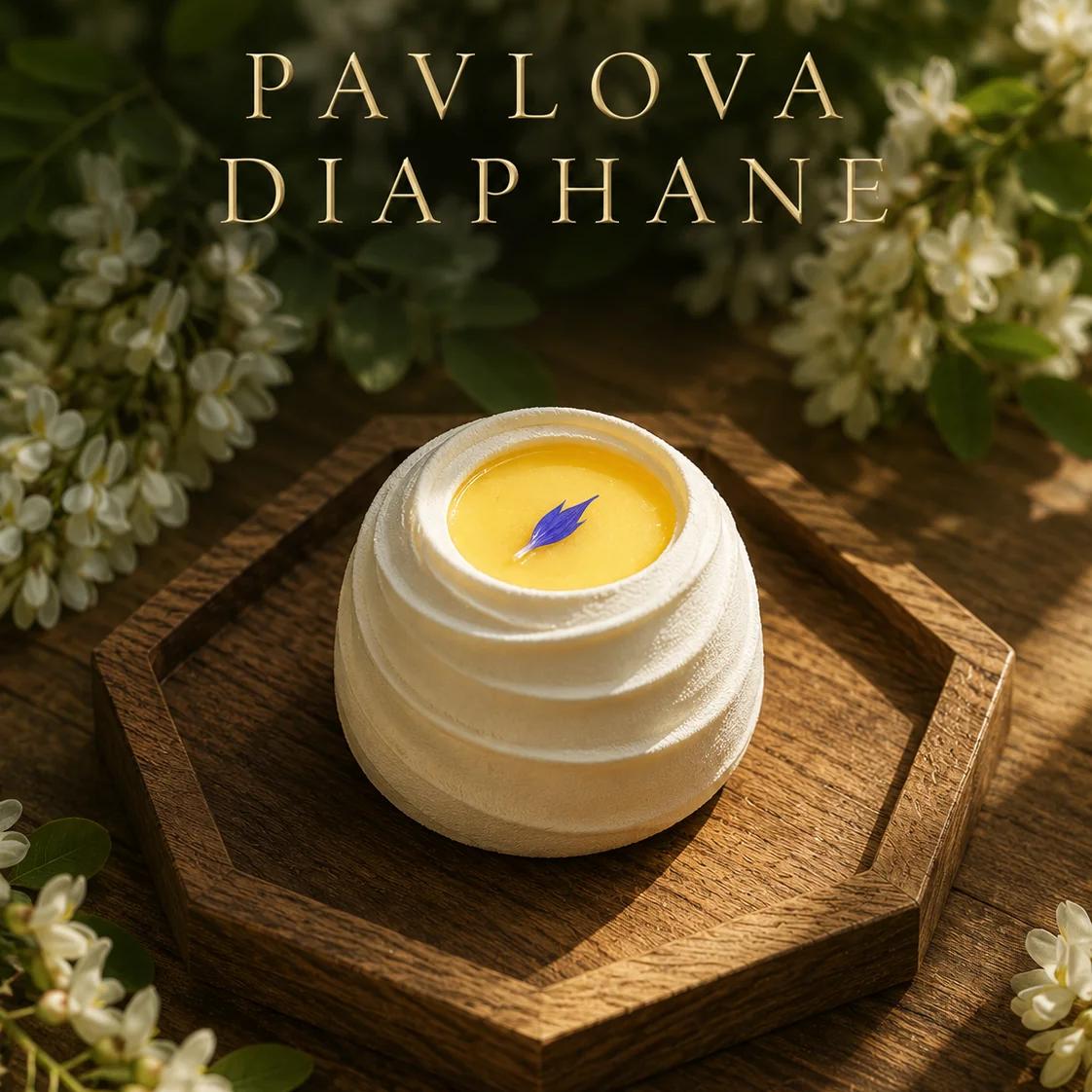 Cross-section of Pavlova Diaphane — translucent French meringue nest on acacia honey with mascarpone and yuzu.