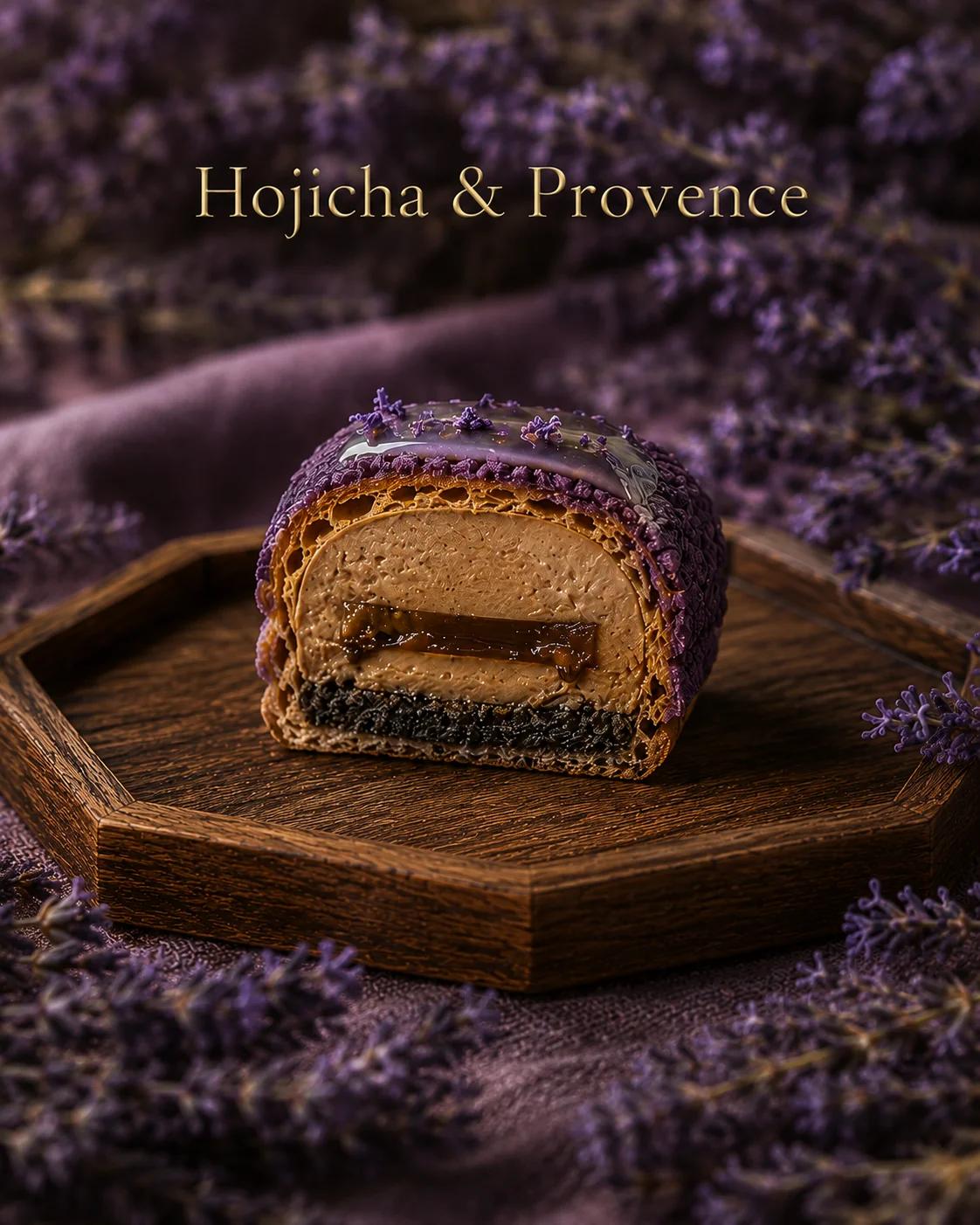 Cross-section of Hojicha & Provence — choux with lavender-honey craquelin, hojicha crémeux, black sesame crumble.