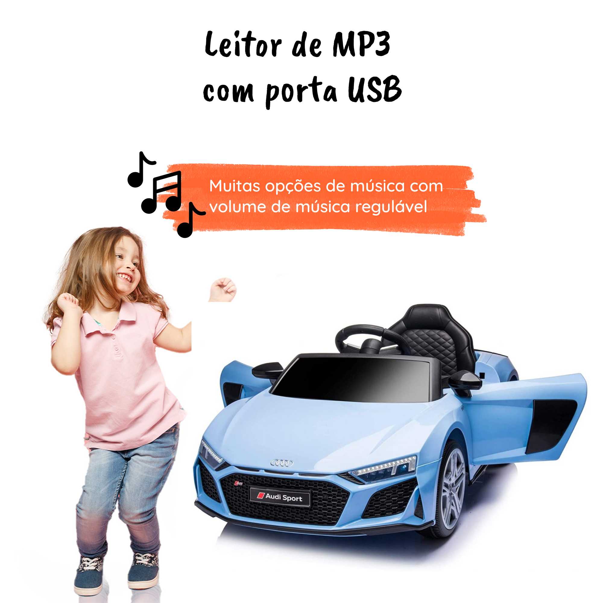 Audi R8 Sport elétrico para crianças MP3