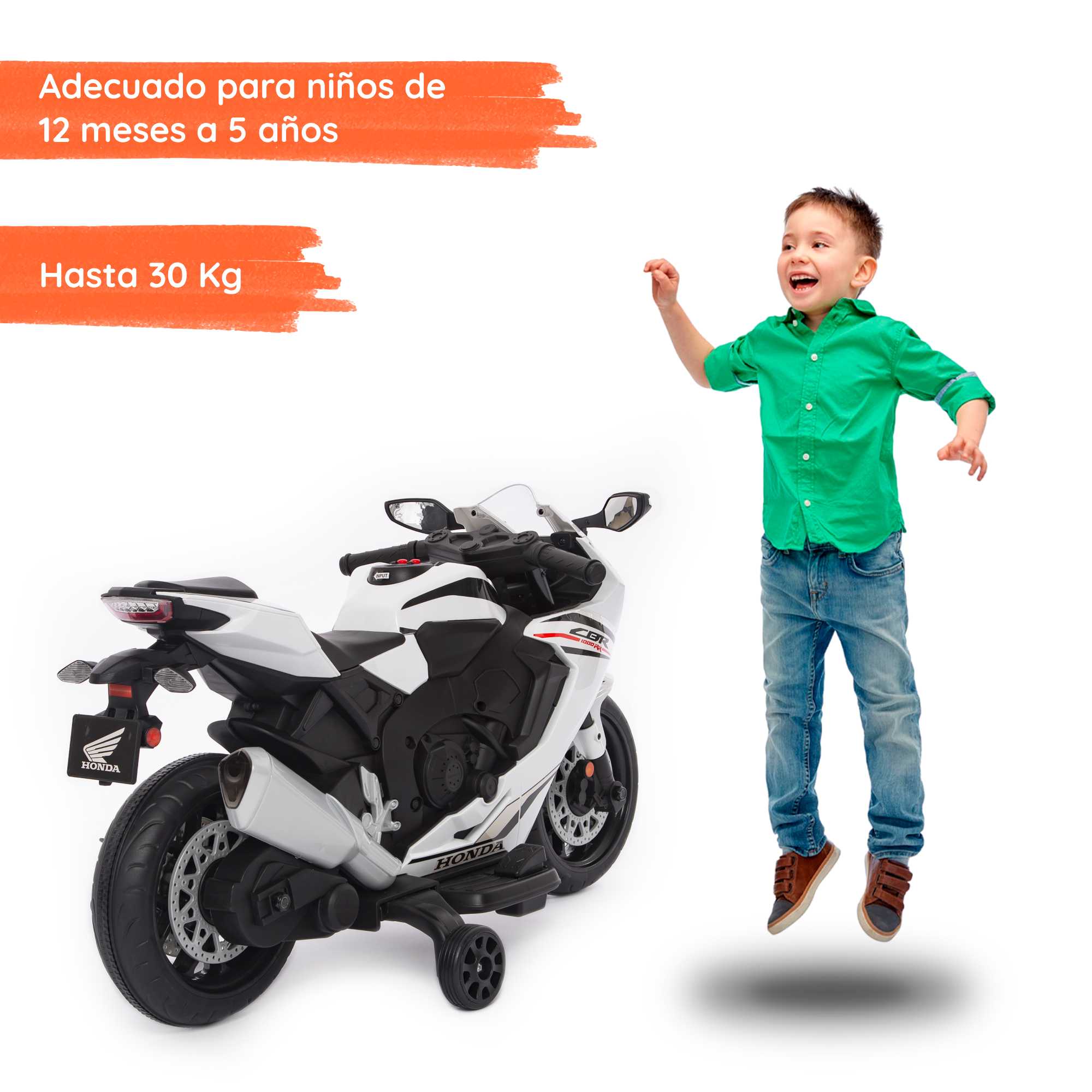 Honda CBR blanca con niño