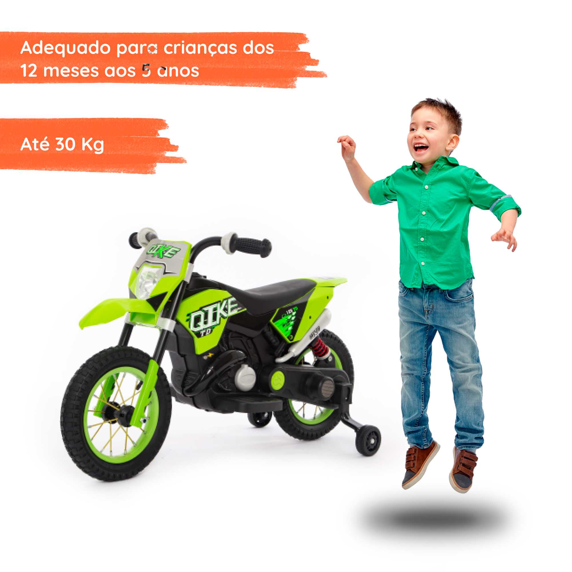 Moto cross verde com criança 