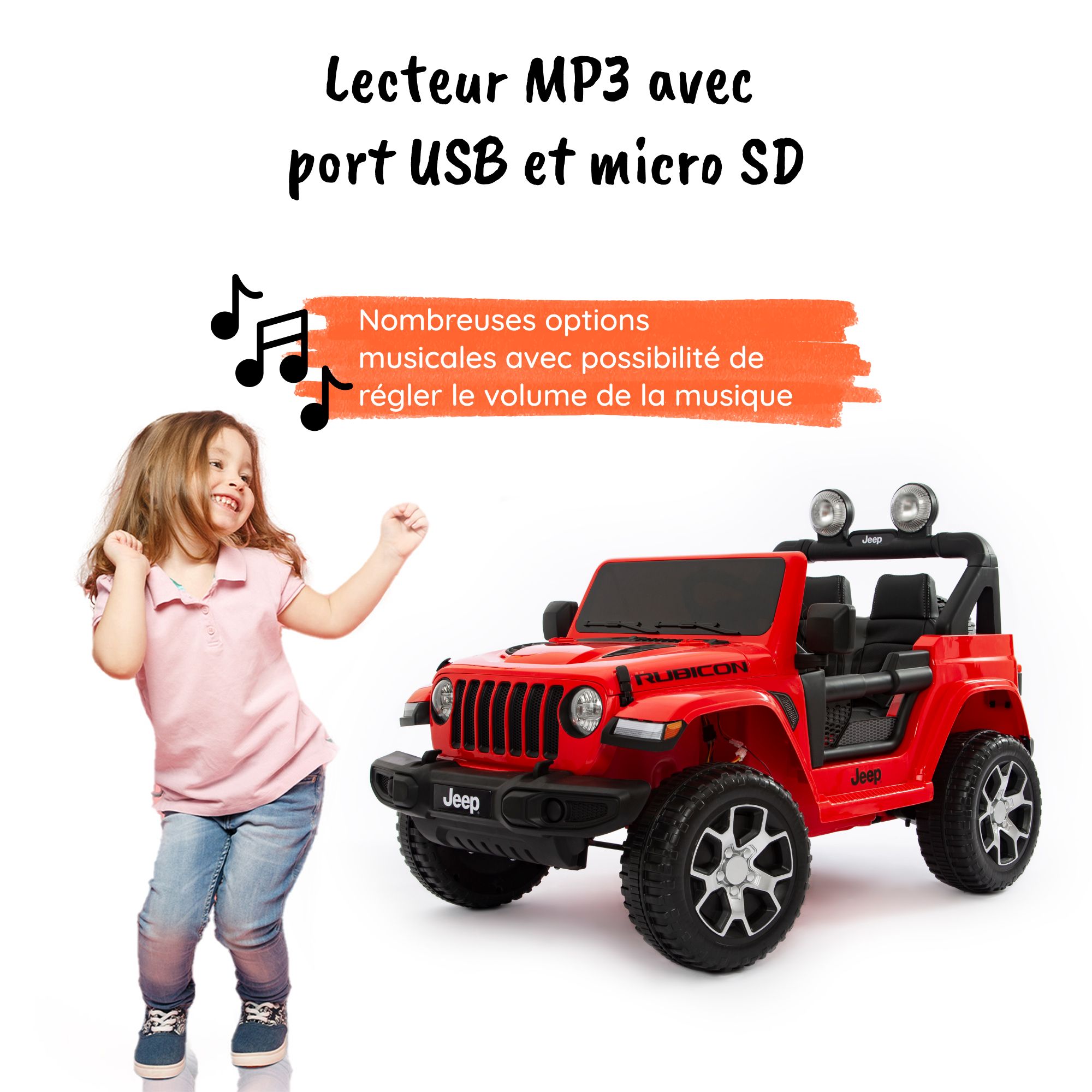 Voiture électrique 12V pour enfant - JEEP Wrangler Rubicon 2 roues  motrices, rouge, 1 place, avec autoradio
