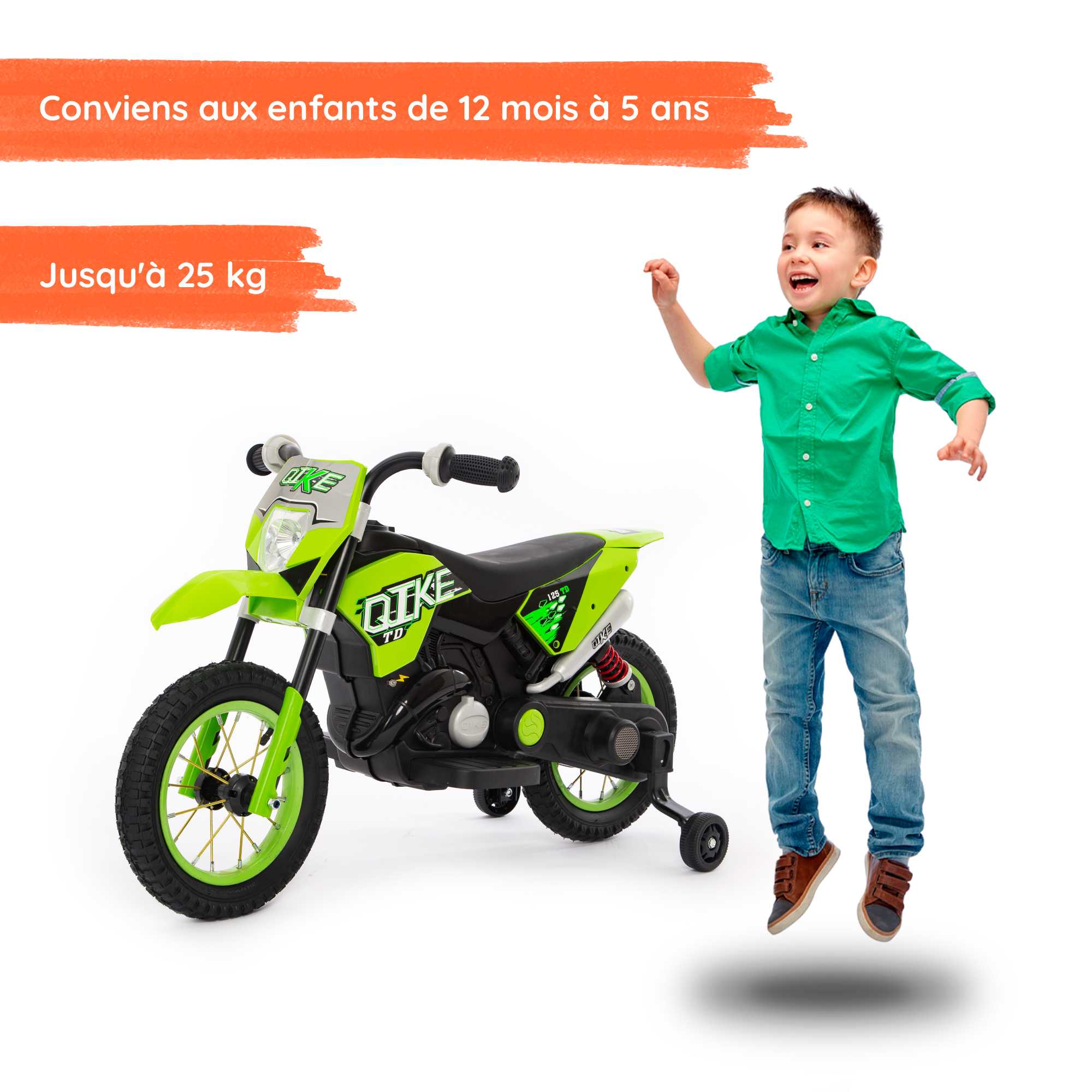 Moto cross vert avec enfant