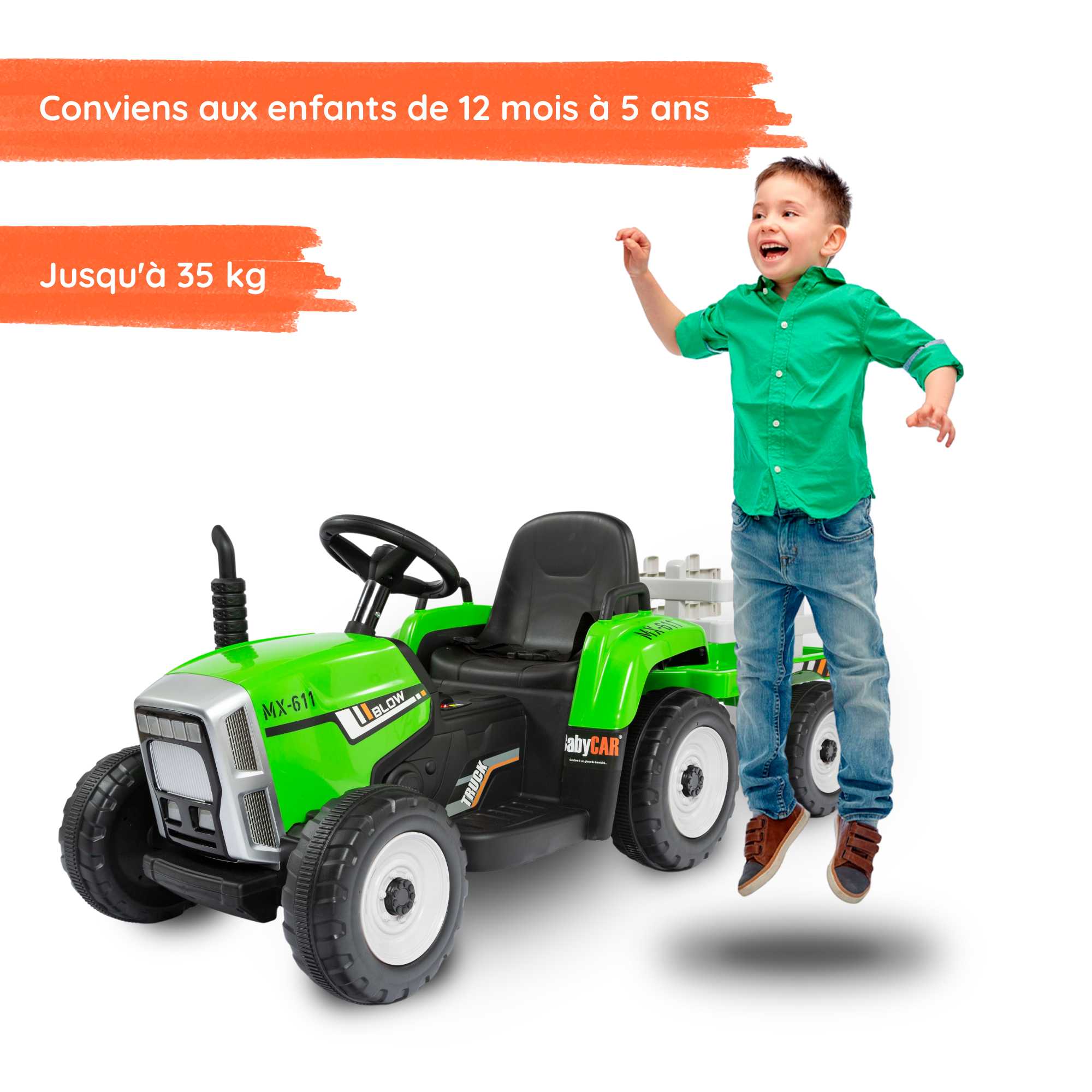 Tracteur electrique avec remorque vert pour enfants 