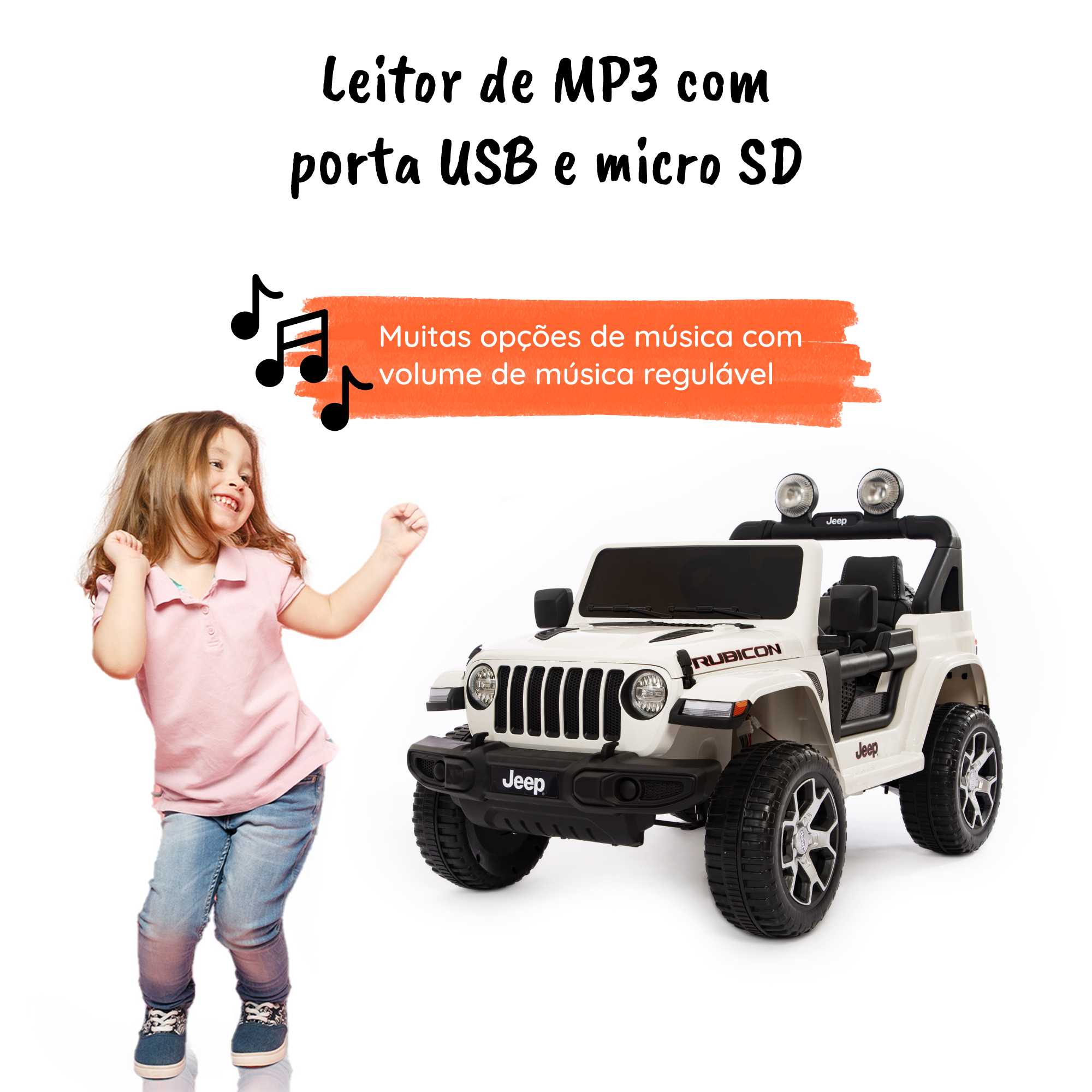 Jeep Wrangler Rubicon elétrico para crianças MP3