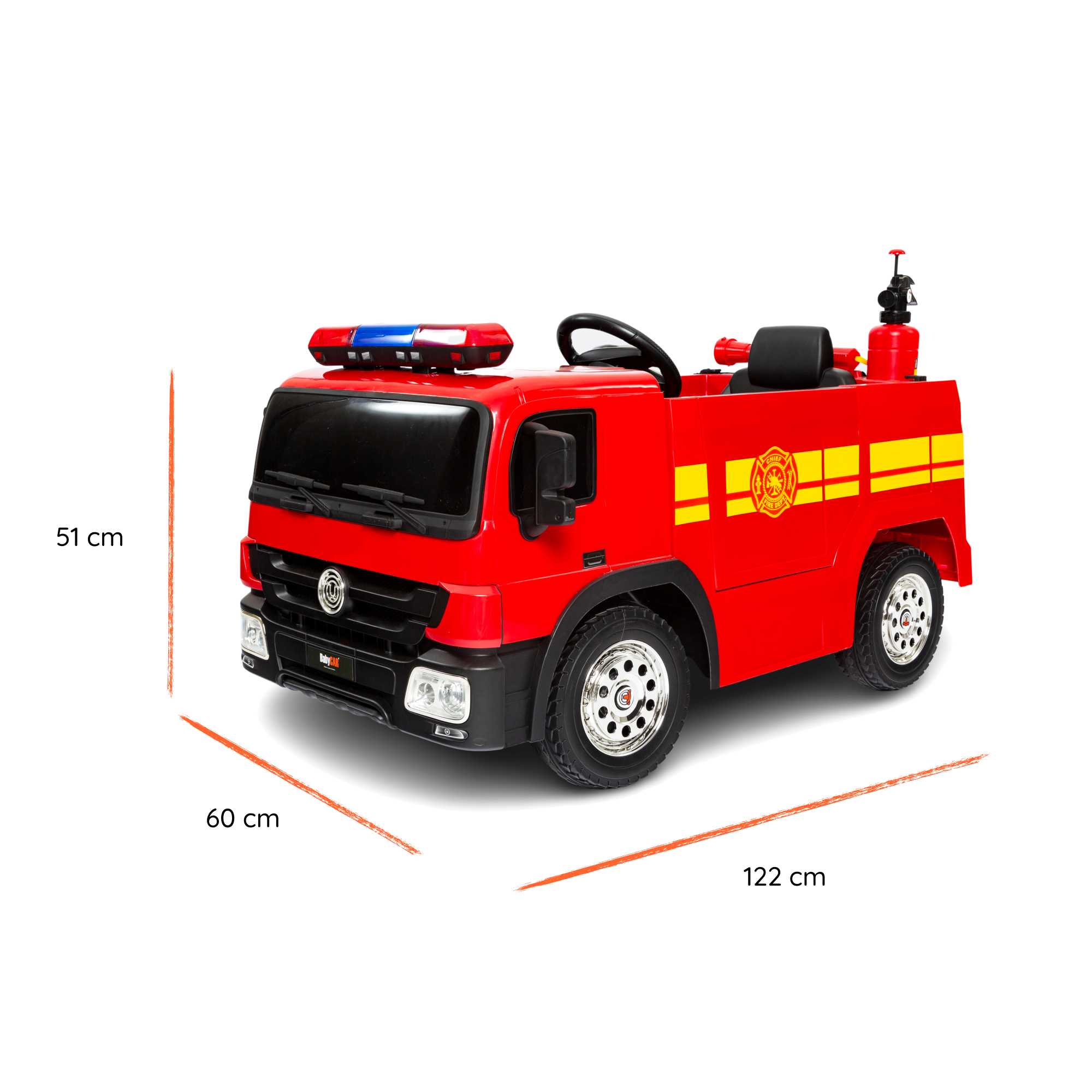 Elektrisches Feuerwehrauto für Kinder mit Zubehör Größe