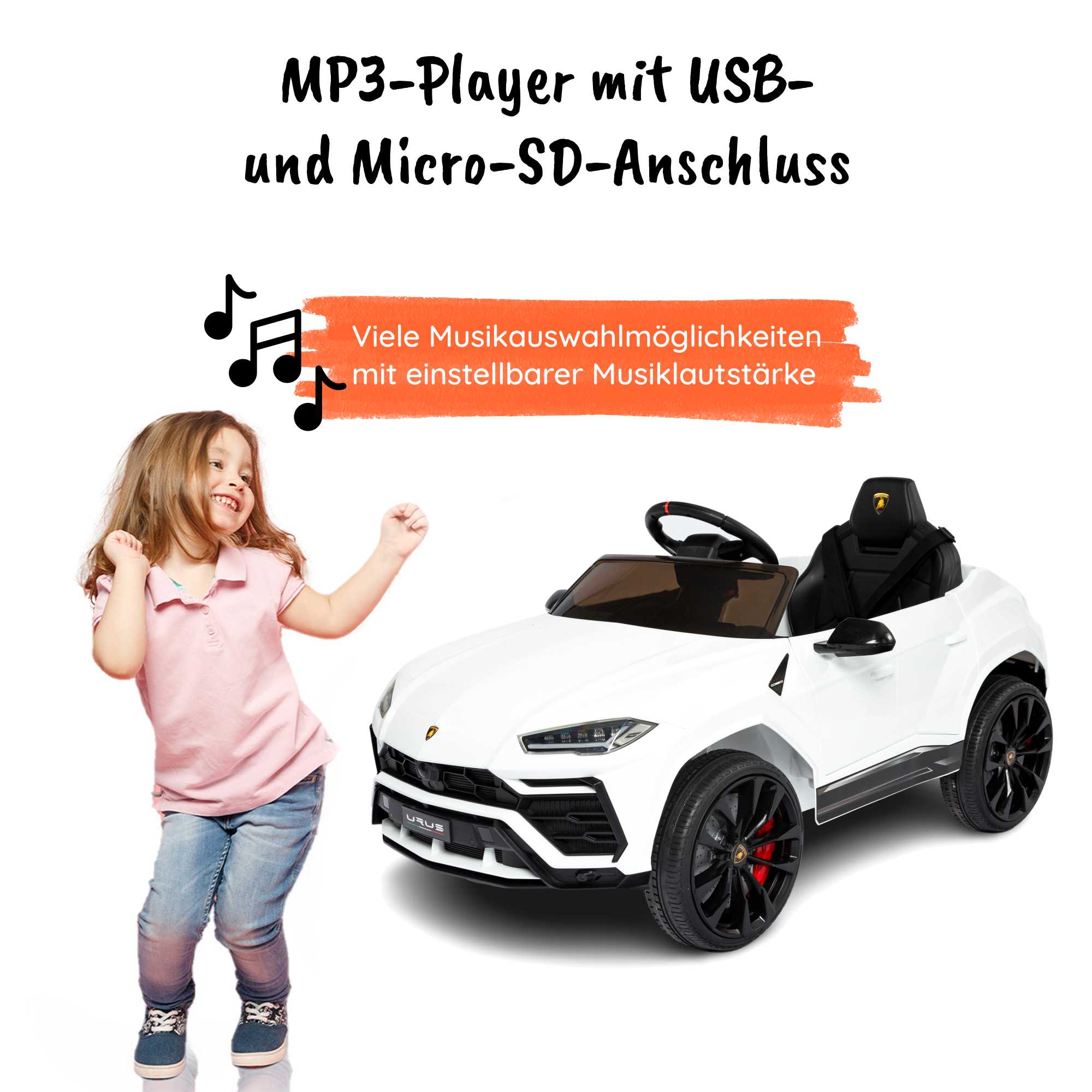 Lamborghini Urus Weiß MP3-Player mit USB-und Micro-SD-Anschluss