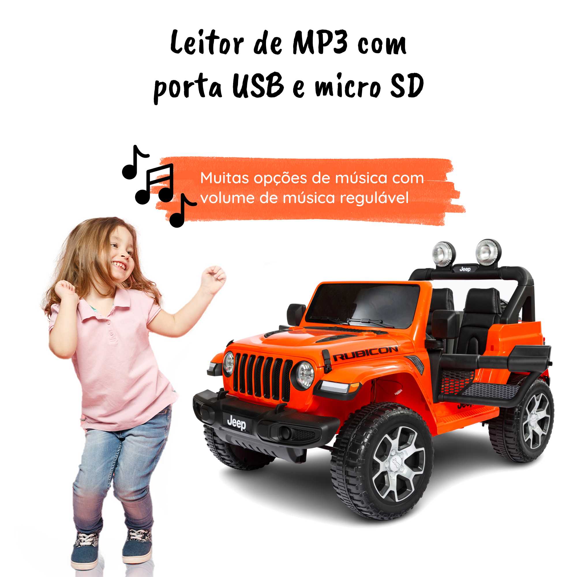 Jeep Wrangler Rubicon elétrico para crianças MP3