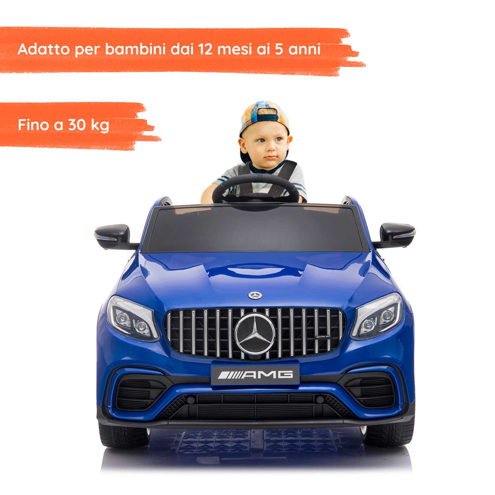 Mercedes GLC AMG Coupè elettrica per bambini con bambino