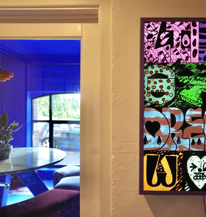 Artwork on the wall and glass door