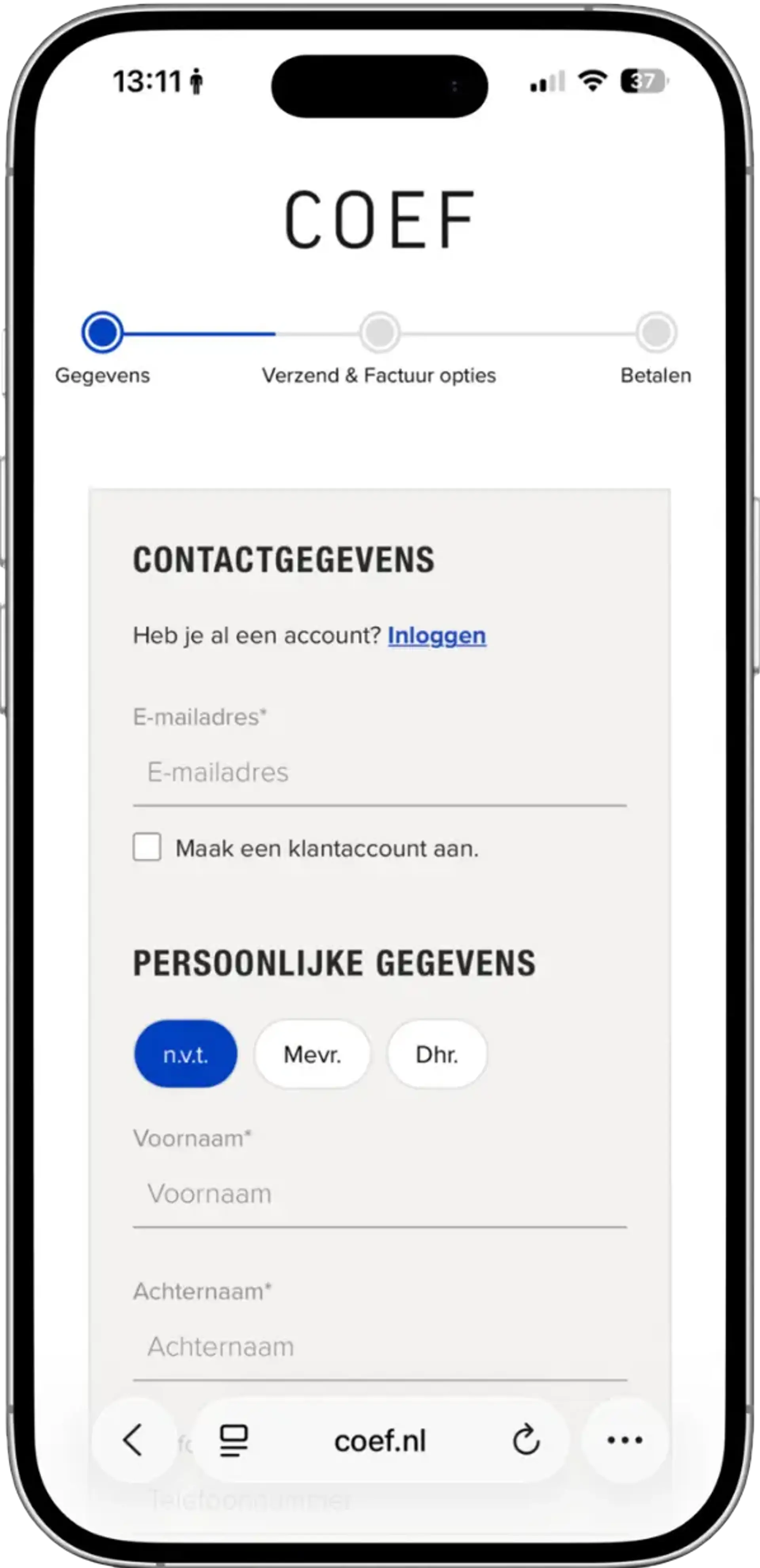 Coef checkout pagina op mobiel