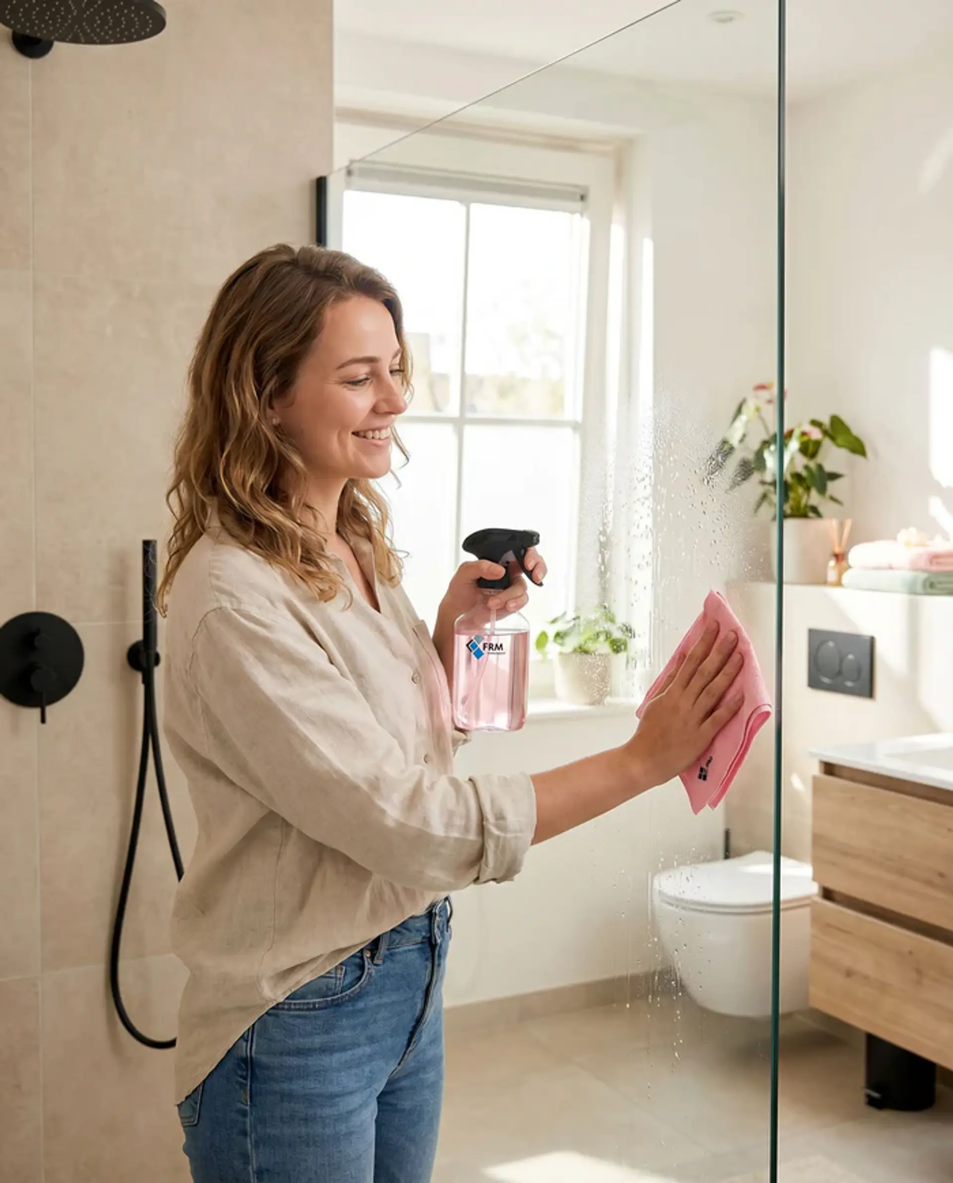 Vrouw maakt badkamer schoon met sanitair