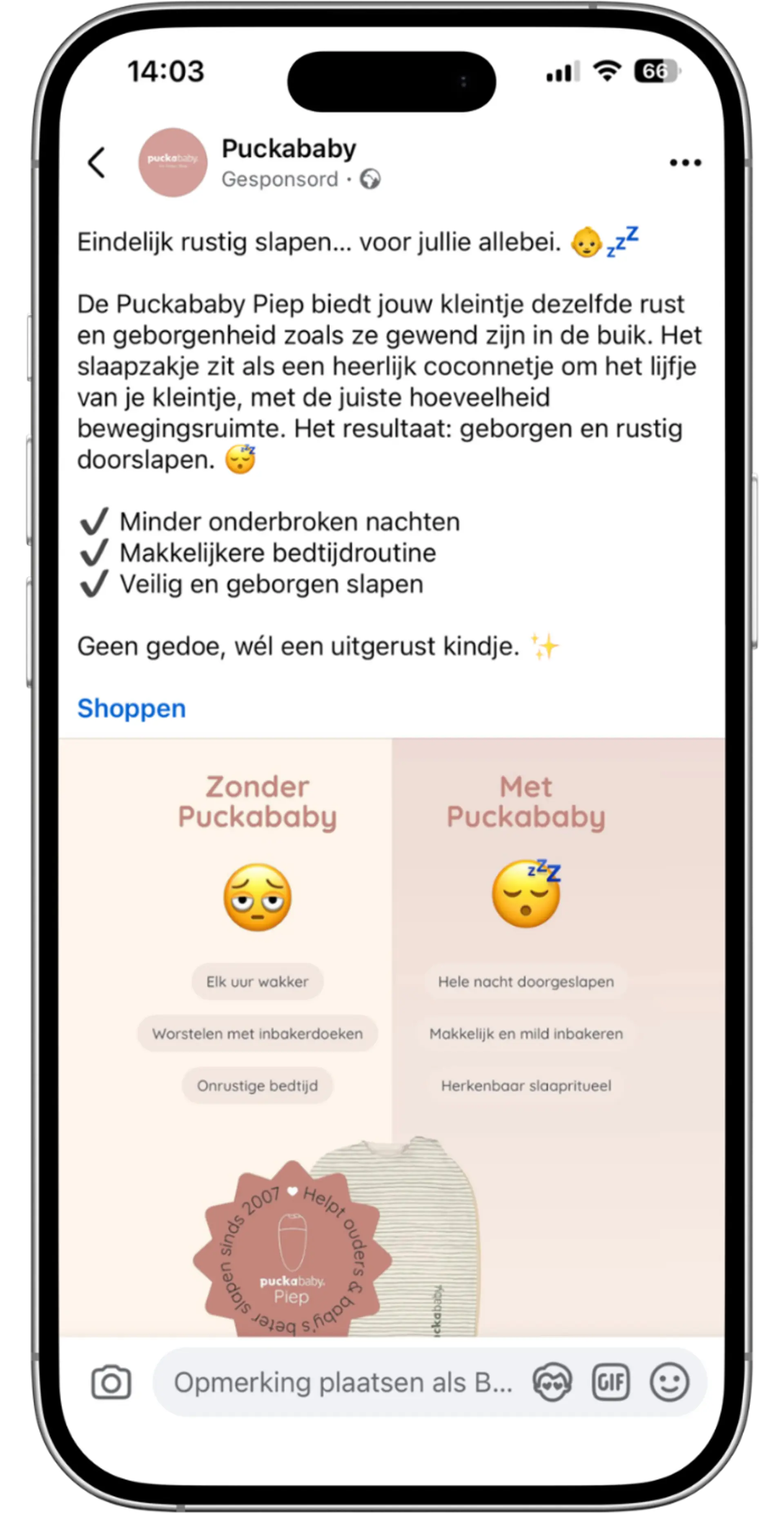 Puckababy advertentie eindelijk rustig slapen