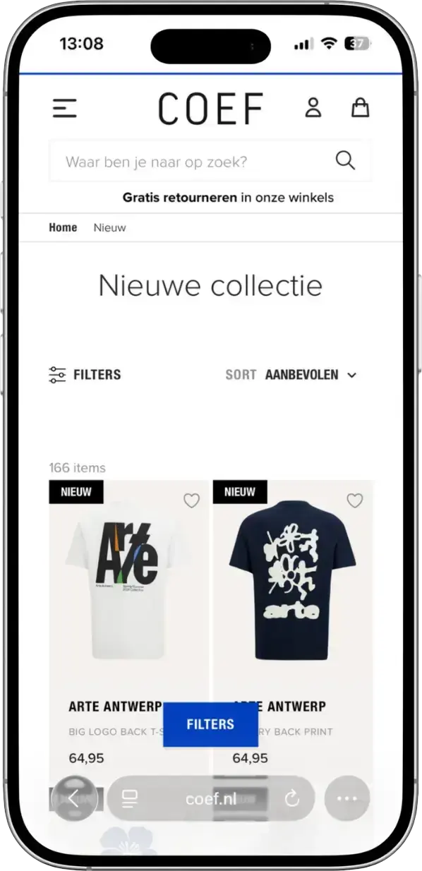 Coef product listing pagina op mobiel