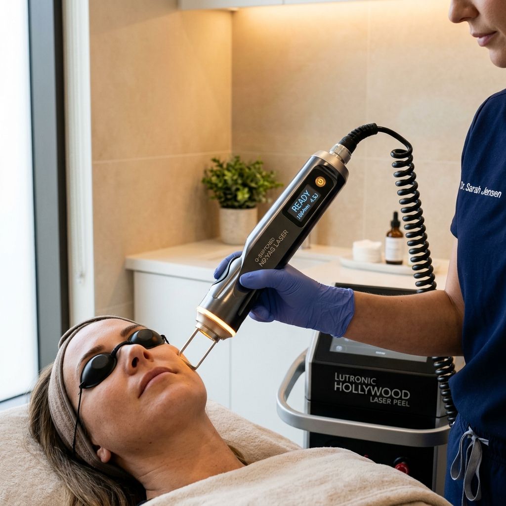 A dermatologist performing a laser toning treatment on a patient using an Nd:YAG laser handpiece