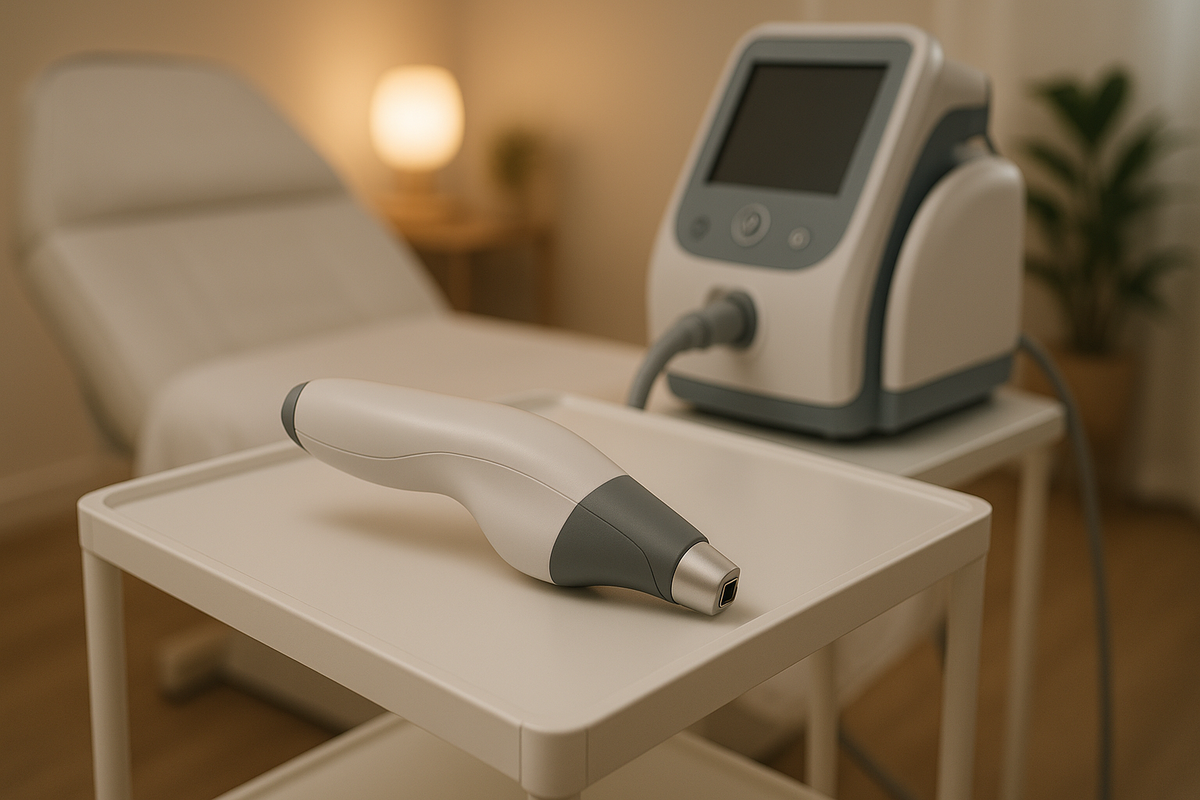 Modern energy-based lifting device handpiece in aesthetic treatment suite