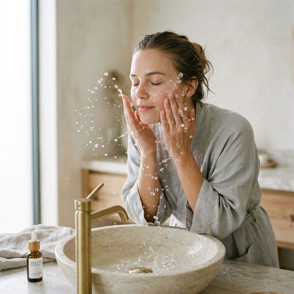 A person gently splashing lukewarm water on their face, closed eyes, representing barrier-safe cleansing technique