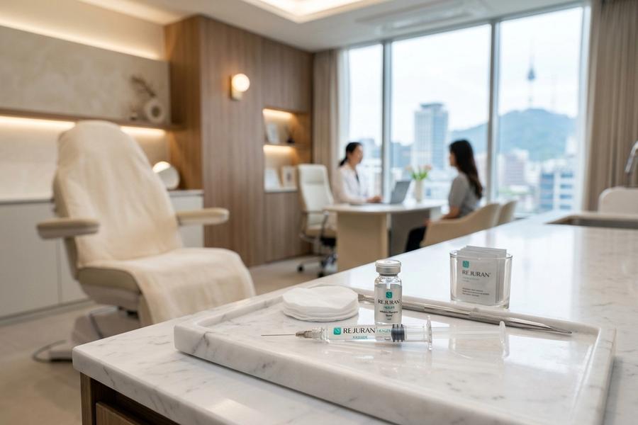Rejuran Healer polynucleotide skin booster syringe and clinical serum ampoules in Seoul dermatology clinic