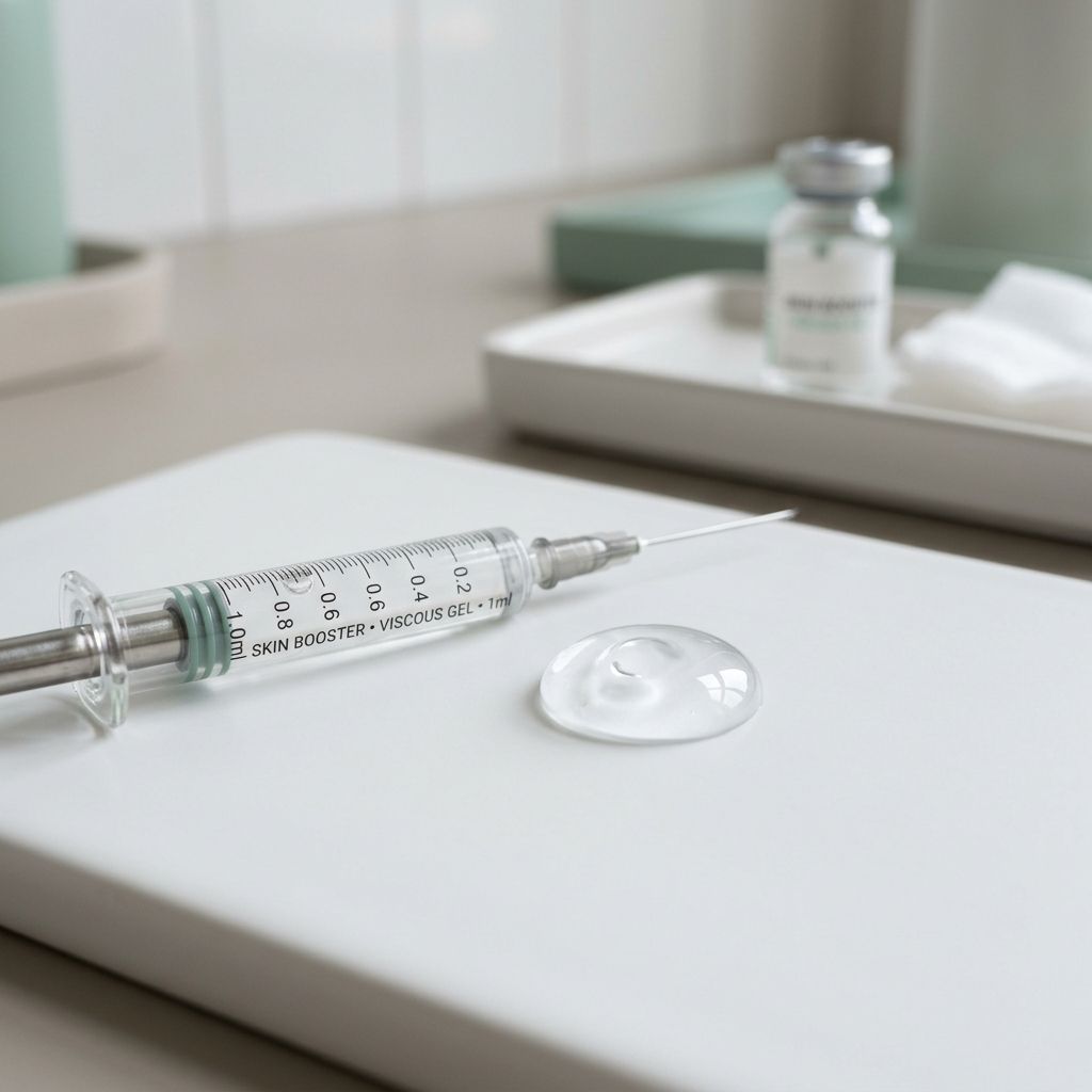 A minimalist medical syringe and gel droplet representing PDRN polynucleotide skin boosters