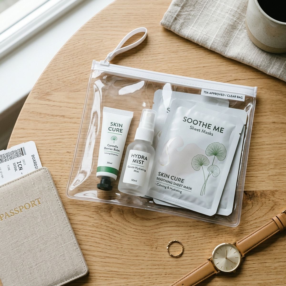 Clear TSA-approved pouch with travel-size Centella barrier cream and hydrating mist
