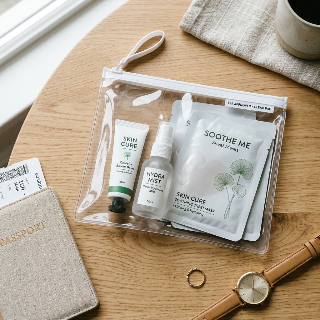 Clear TSA-approved pouch with travel-size Centella barrier cream and hydrating mist