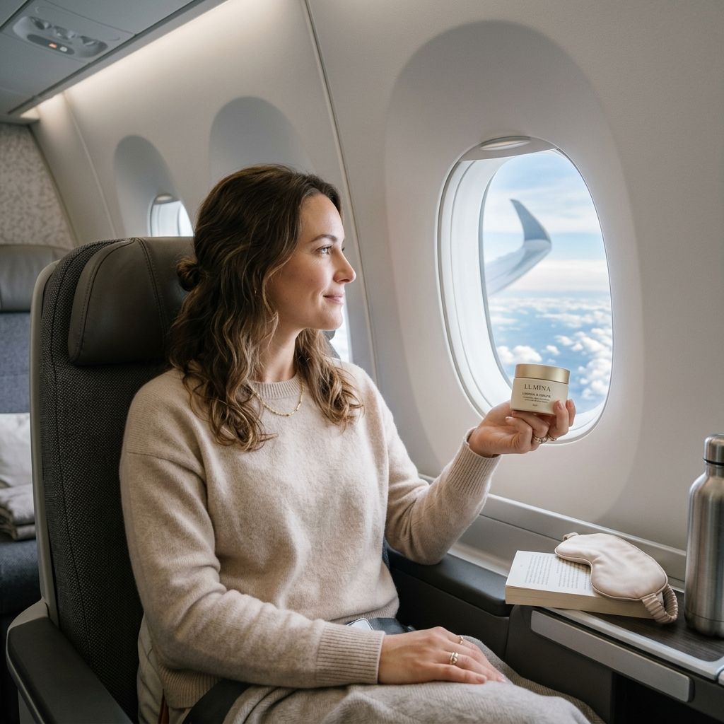 Female passenger holding barrier hydration cream in aircraft cabin