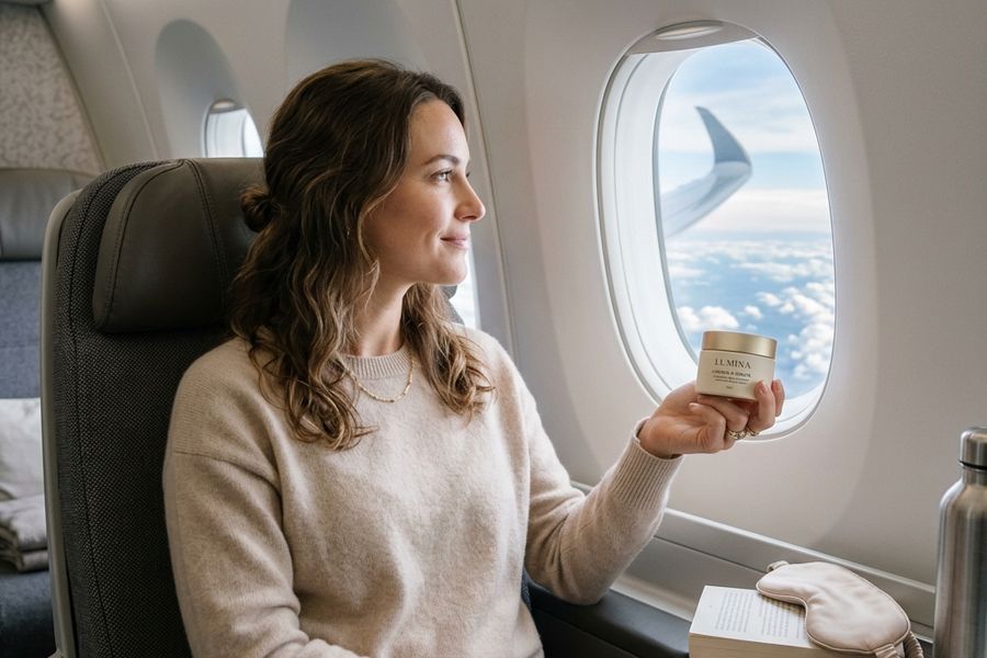 Female passenger holding barrier hydration cream in aircraft cabin
