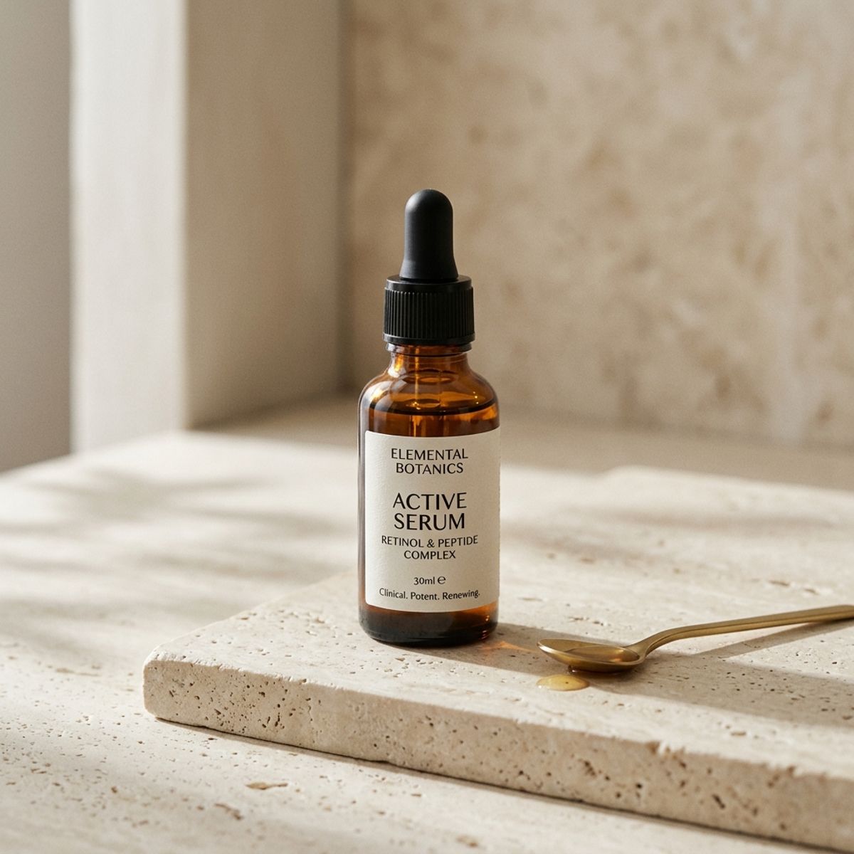 Skincare active serum dropper bottle casting a soft shadow on a stone block