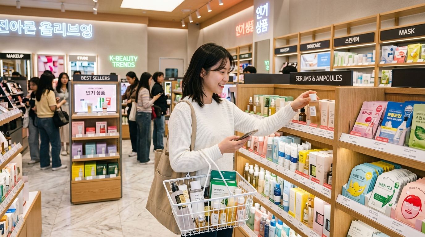 Tourist shopping for Korean skincare serums and sheet masks with instant tax refund in Seoul K-beauty store