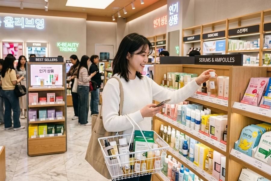Tourist shopping for Korean skincare serums and sheet masks with instant tax refund in Seoul K-beauty store
