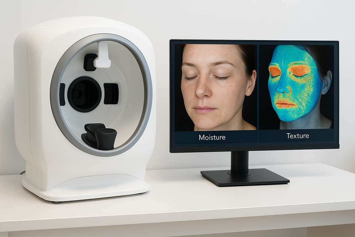 Skin analysis scanner and dermal imaging monitor in consultation suite