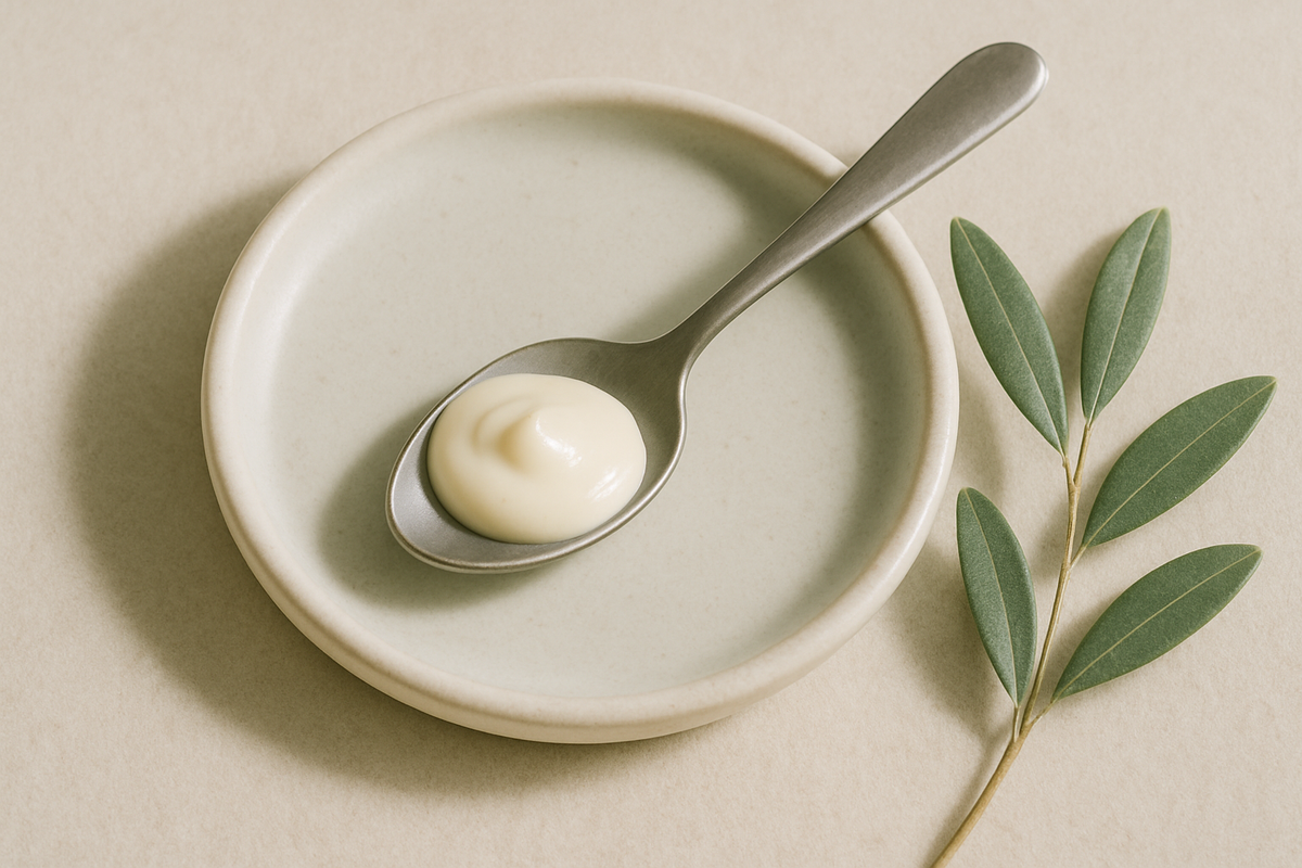A spoonful of cream texture on a ceramic dish beside olive leaves
