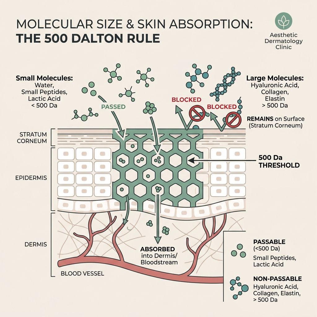 A scientific diagram showing molecular sizes relative to the 500 Dalton skin barrier threshold