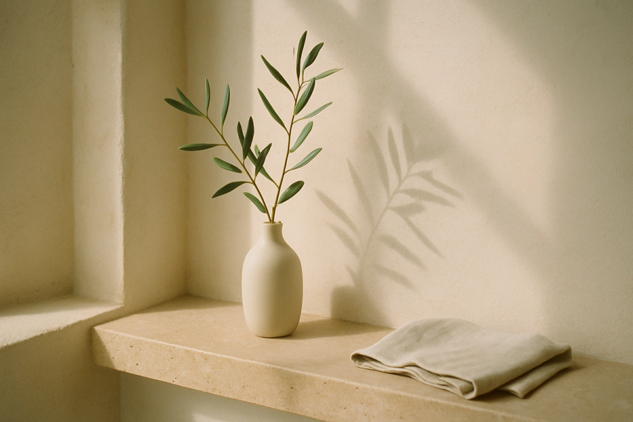 Olive branch in a ceramic vessel on travertine in warm morning light