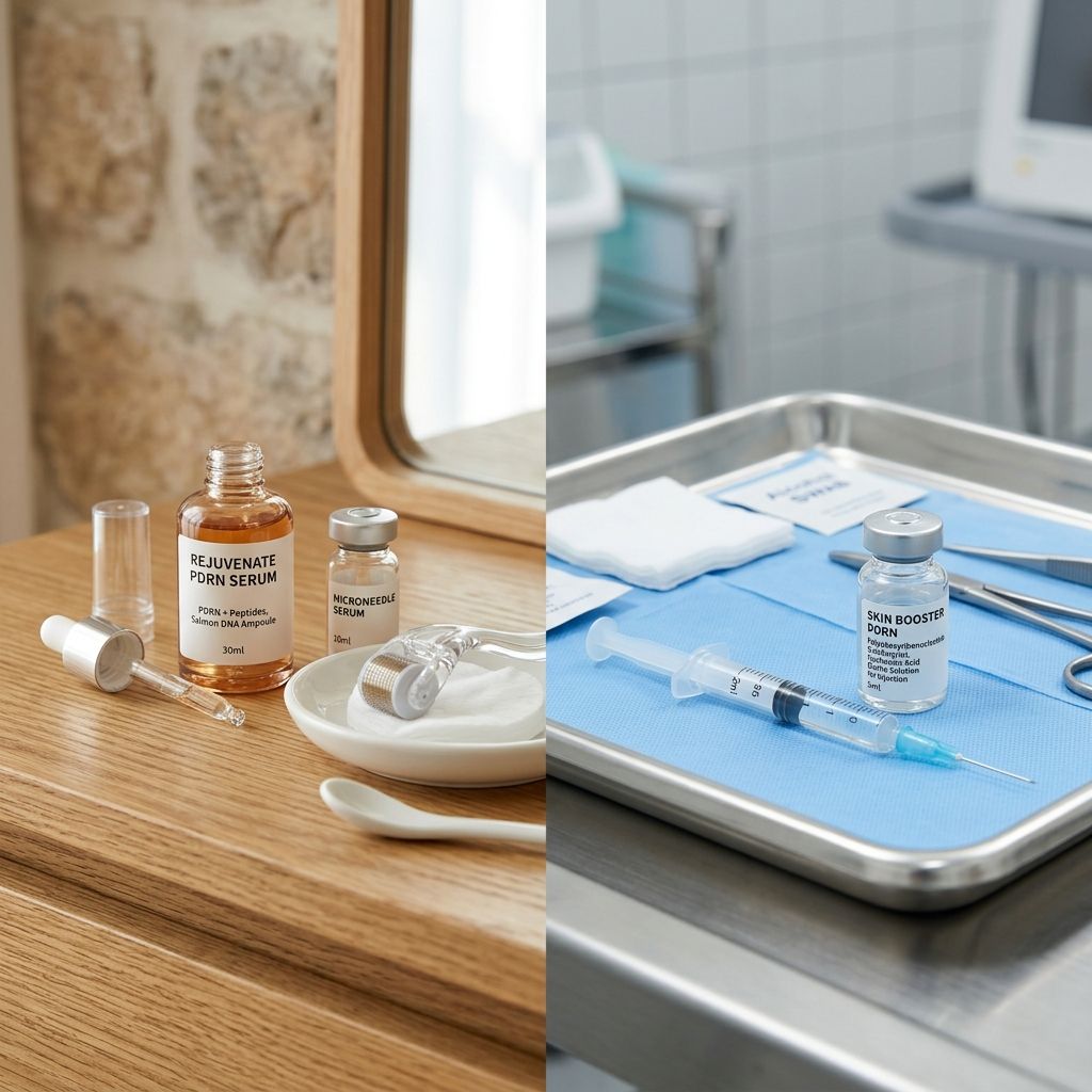 Topical PDRN serum and microneedle homecare next to medical skin booster syringe