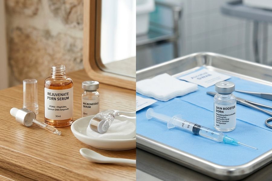 Topical PDRN serum and microneedle homecare next to medical skin booster syringe