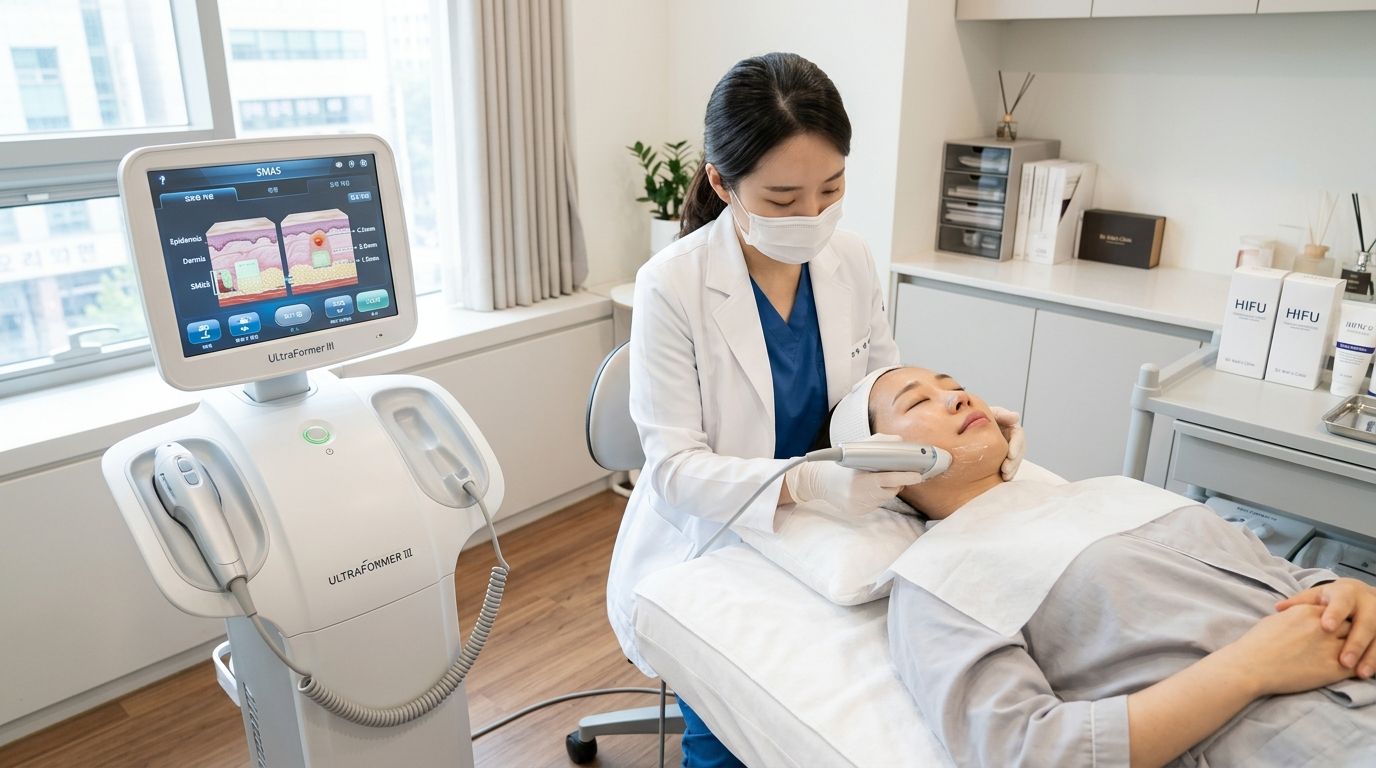 Medical ultrasound HIFU skin lifting and tightening procedure in a Korean dermatology treatment room