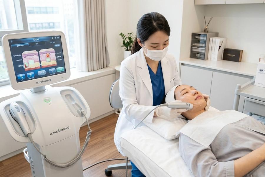 Medical ultrasound HIFU skin lifting and tightening procedure in a Korean dermatology treatment room