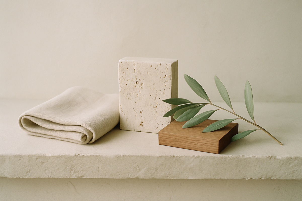 Linen, travertine, wood and an olive sprig arranged on a stone ledge
