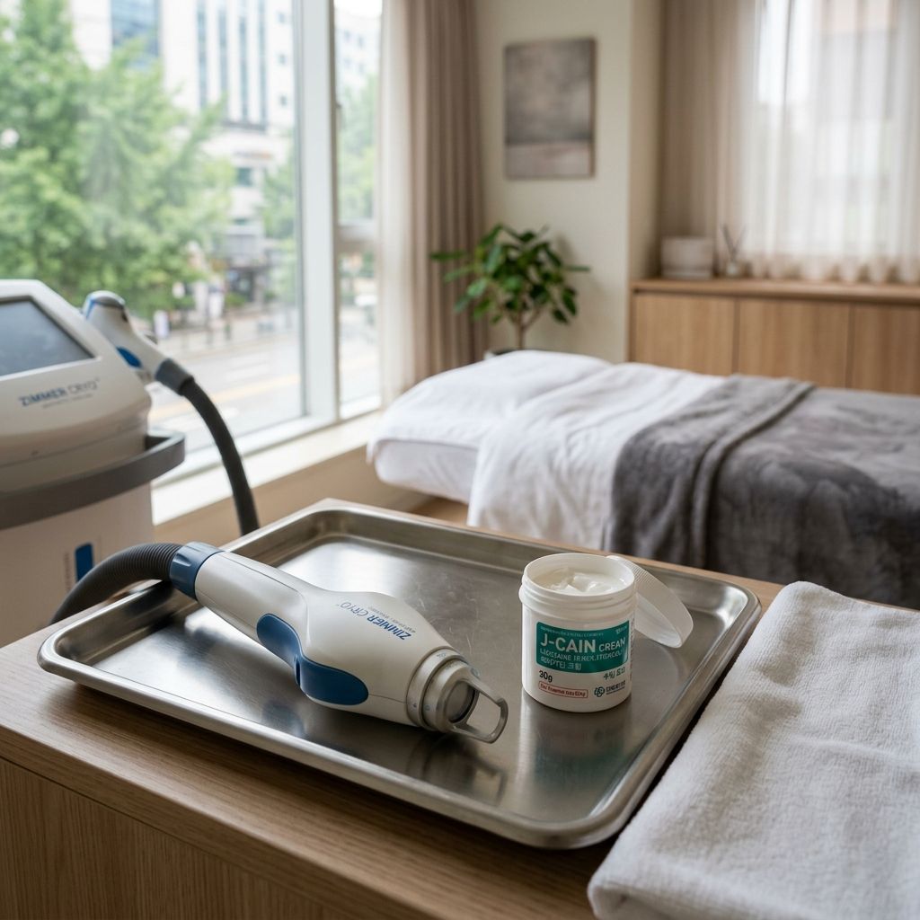 Cooling device handpiece and lidocaine numbing cream tray in tranquil clinic room