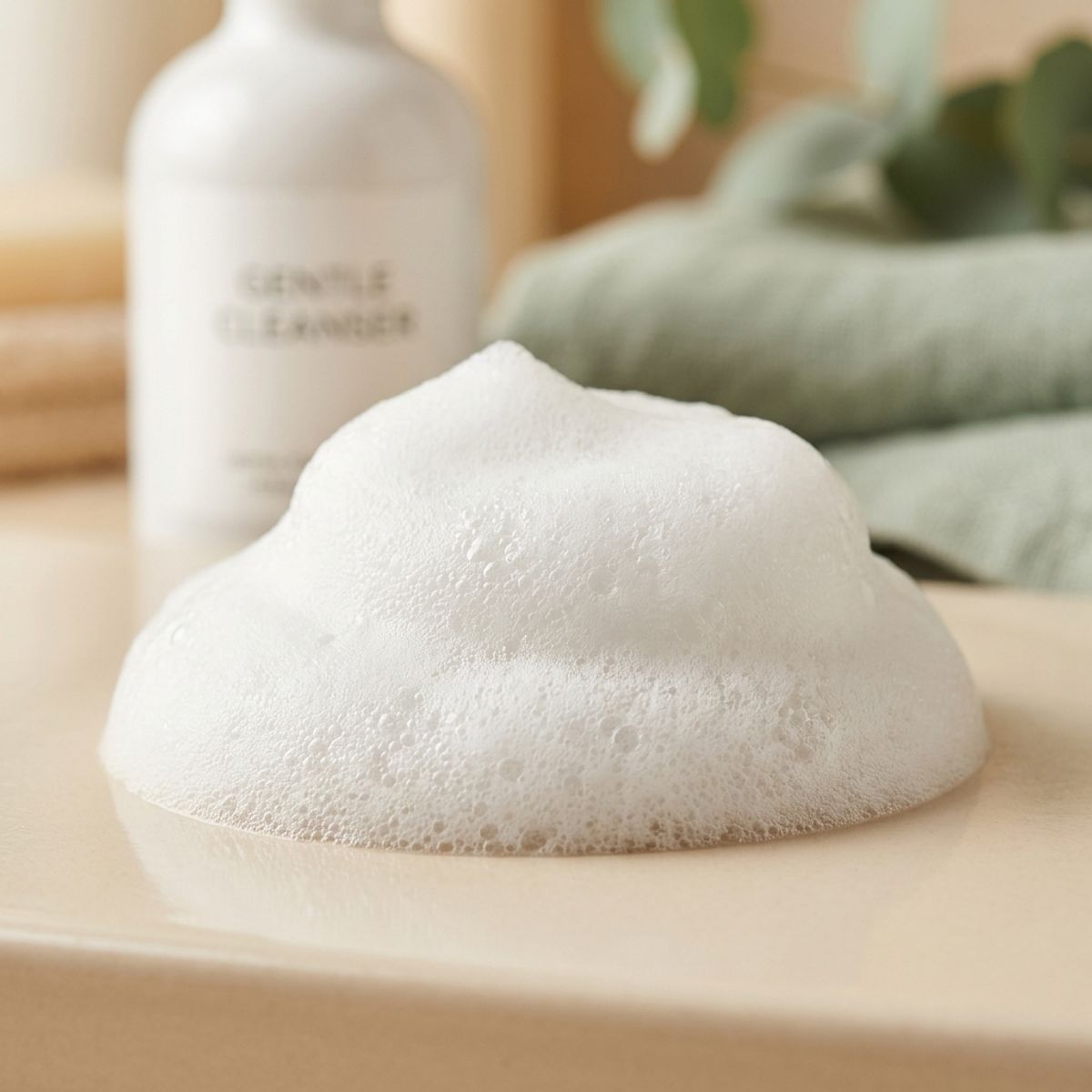 Rich dense cleanser micro-bubbles highlighting gentle skin barrier protection