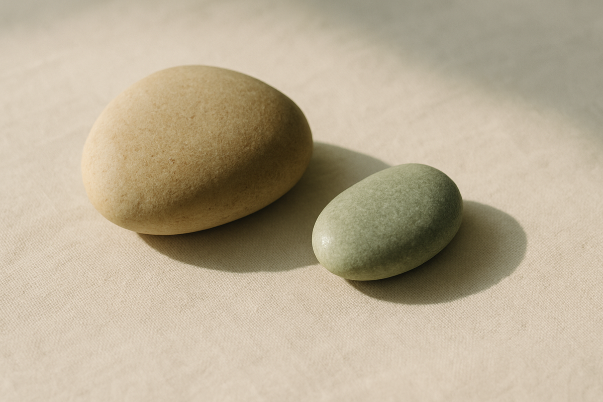 Two smooth stones of different sizes on linen in soft daylight
